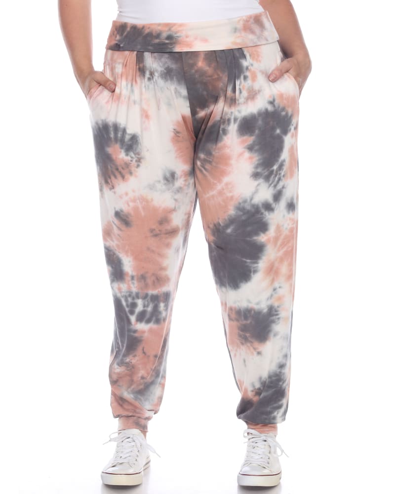 Front of a model wearing a size 2X Tie Dye Harem Pants in Pink by White Mark. | dia_product_style_image_id:247136